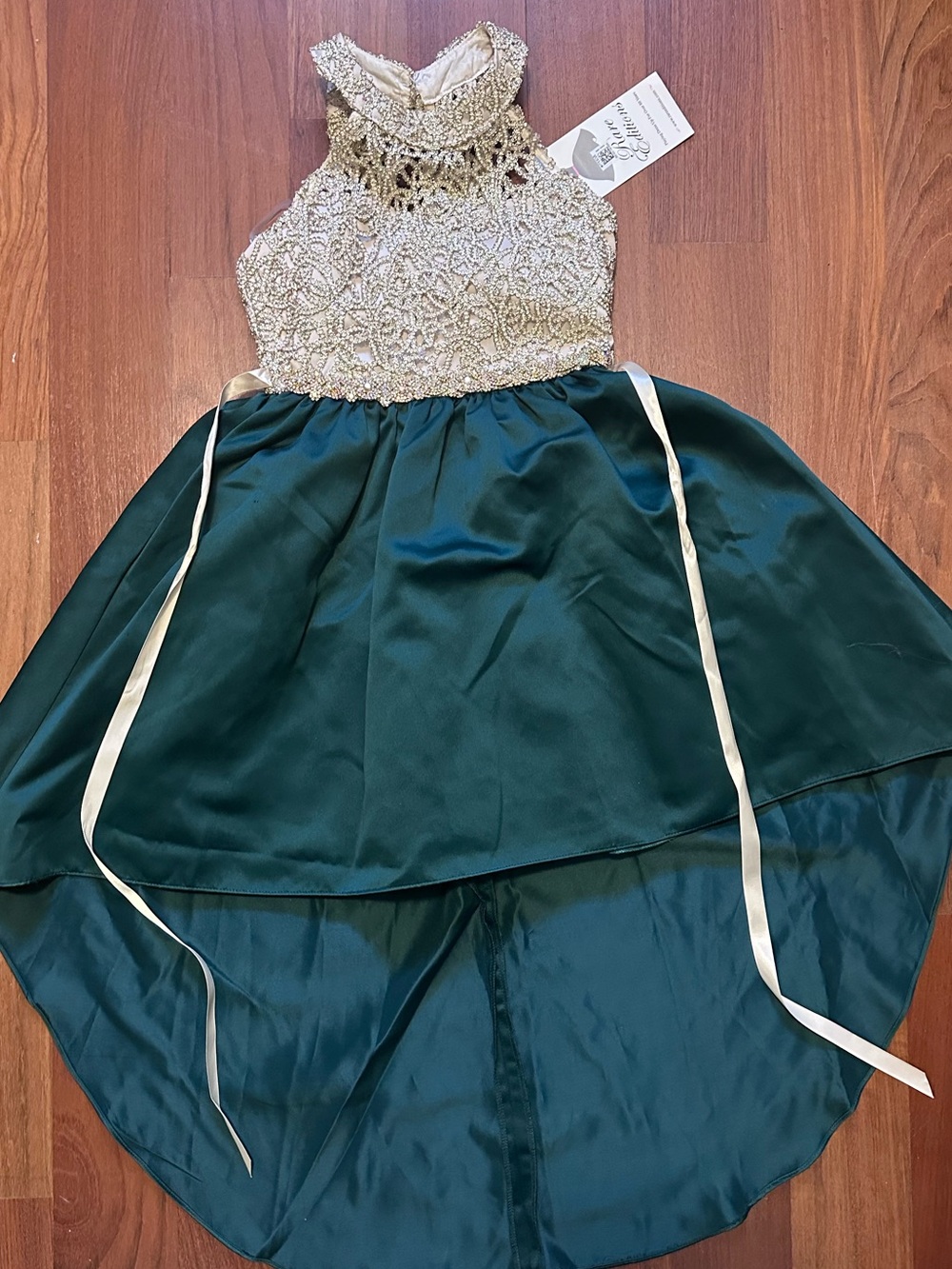 Rare Editions Emerald Satin High-Low Dress with Gold Lace Bodice